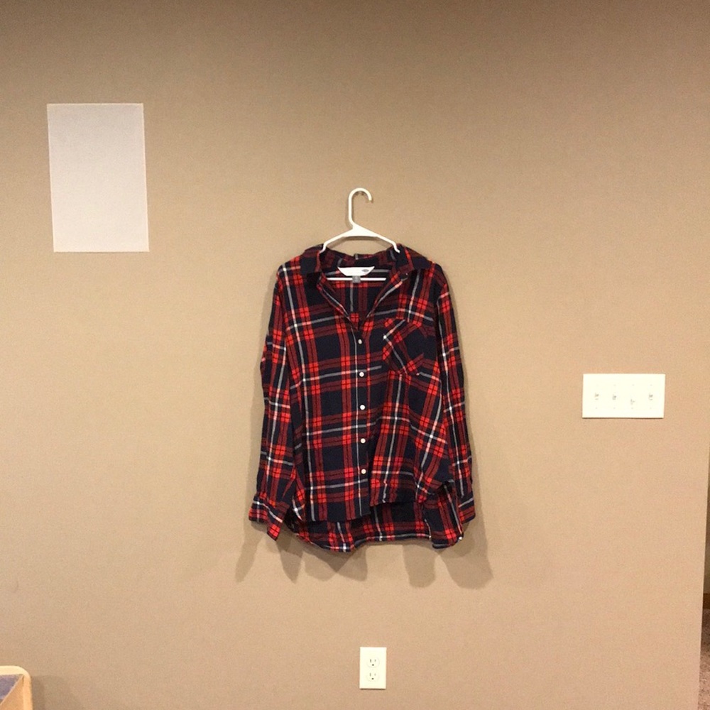 Long sleeved red, white, and navy blue flannel